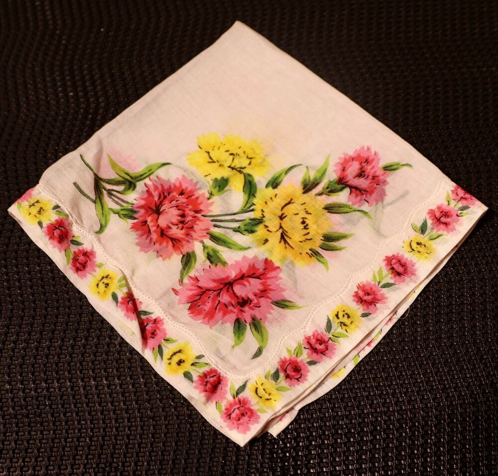 Vintage Handkerchief Floral Pink Yellow Green Scalloped Edge Carnation
